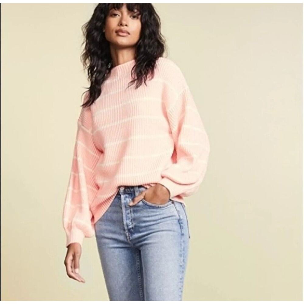 Saylor Reformation Pink White Stripped Ribbed Knit Wool Crewneck Balloon Sweater